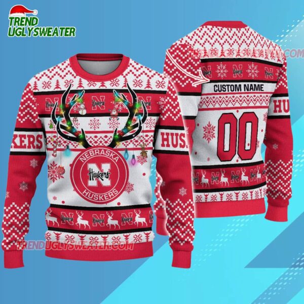 Custom Nebraska Cornhuskers Special Reindeer Light Ugly Christmas Sweater 3