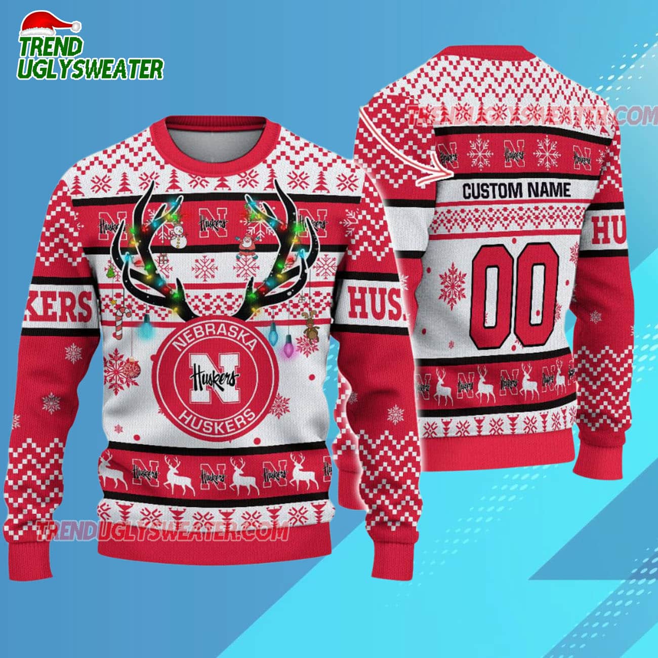 Custom Nebraska Cornhuskers Special Reindeer Light Ugly Christmas Sweater Custom Nebraska Cornhuskers Special Reindeer Light Ugly Christmas Sweater