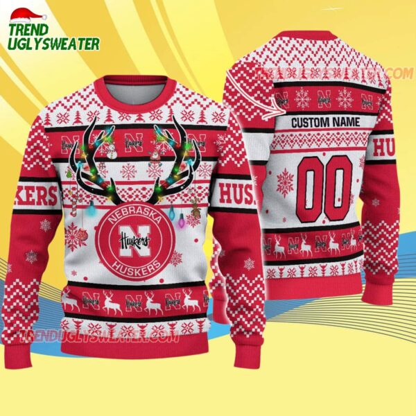 Custom Nebraska Cornhuskers Special Reindeer Light Ugly Christmas Sweater 4