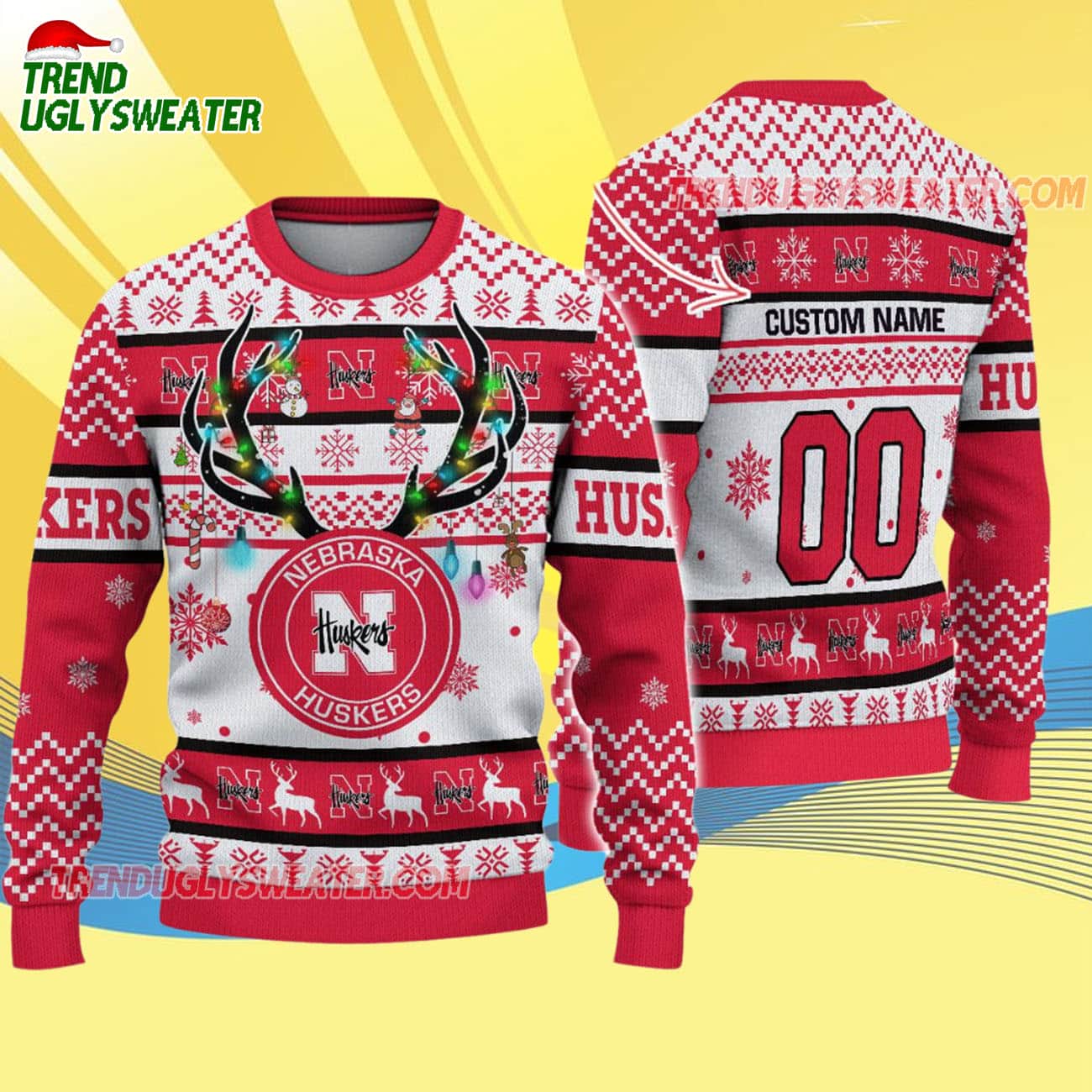 Custom Nebraska Cornhuskers Special Reindeer Light Ugly Christmas Sweater Custom Nebraska Cornhuskers Special Reindeer Light Ugly Christmas Sweater