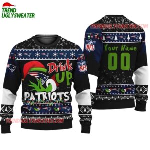 Custom New England Patriots Drink Up The Grinch Christmas Ugly Sweater 1