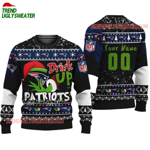 Custom New England Patriots Drink Up The Grinch Christmas Ugly Sweater 1
