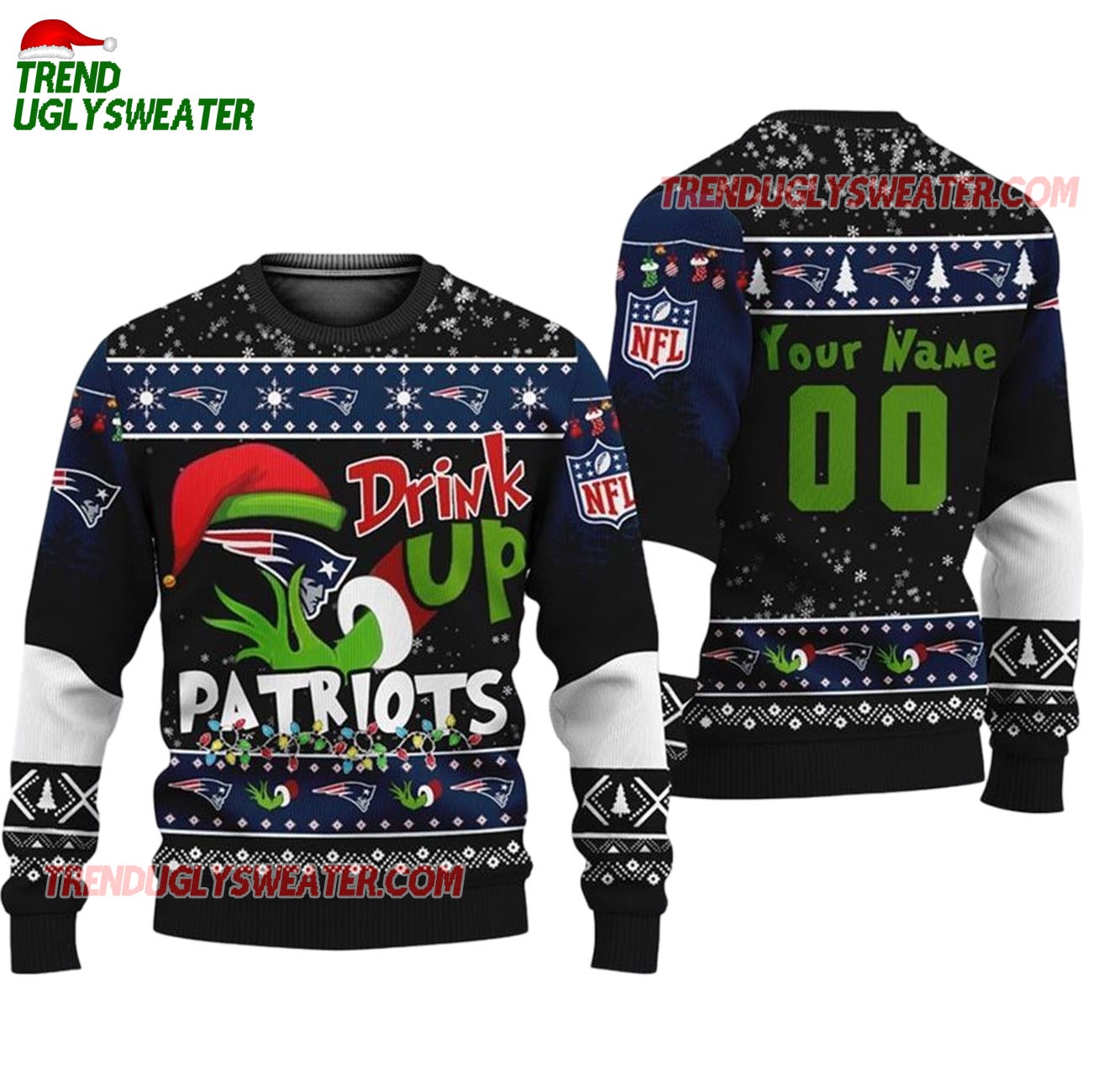 Custom New England Patriots Drink Up The Grinch Christmas Ugly Sweater Custom New England Patriots Drink Up The Grinch Christmas Ugly Sweater
