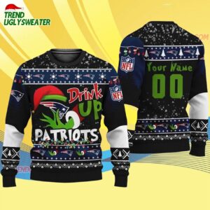 Custom New England Patriots Drink Up The Grinch Christmas Ugly Sweater 4