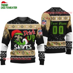 Custom New Orleans Saints Drink Up The Grinch Christmas Ugly Sweater 1
