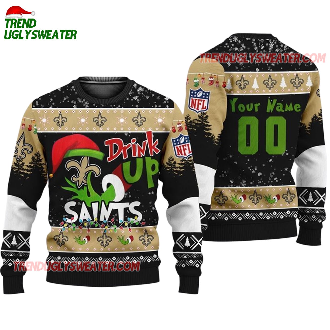 Custom New Orleans Saints Drink Up The Grinch Christmas Ugly Sweater Custom New Orleans Saints Drink Up The Grinch Christmas Ugly Sweater