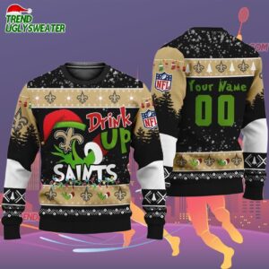 Custom New Orleans Saints Drink Up The Grinch Christmas Ugly Sweater 2