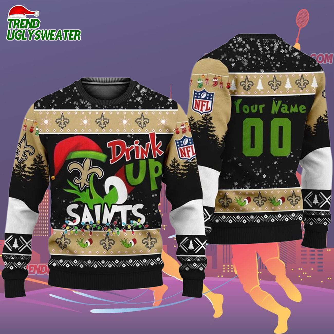 Custom New Orleans Saints Drink Up The Grinch Christmas Ugly Sweater Custom New Orleans Saints Drink Up The Grinch Christmas Ugly Sweater