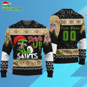 Custom New Orleans Saints Drink Up The Grinch Christmas Ugly Sweater 3