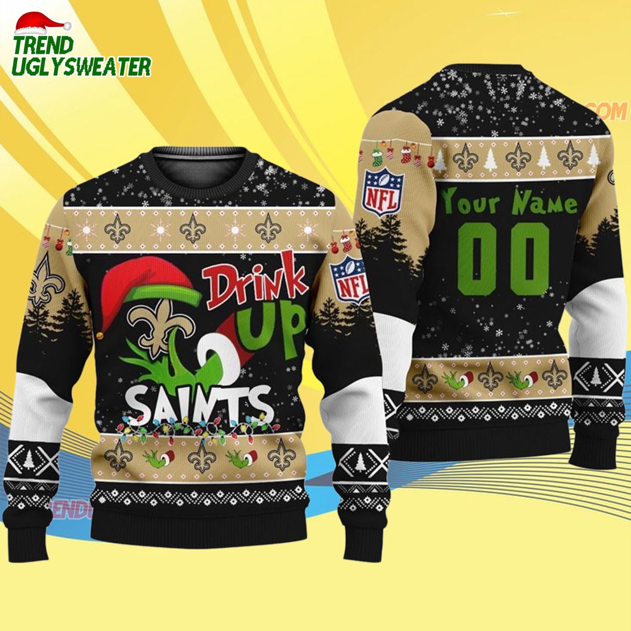 Custom New Orleans Saints Drink Up The Grinch Christmas Ugly Sweater Custom New Orleans Saints Drink Up The Grinch Christmas Ugly Sweater