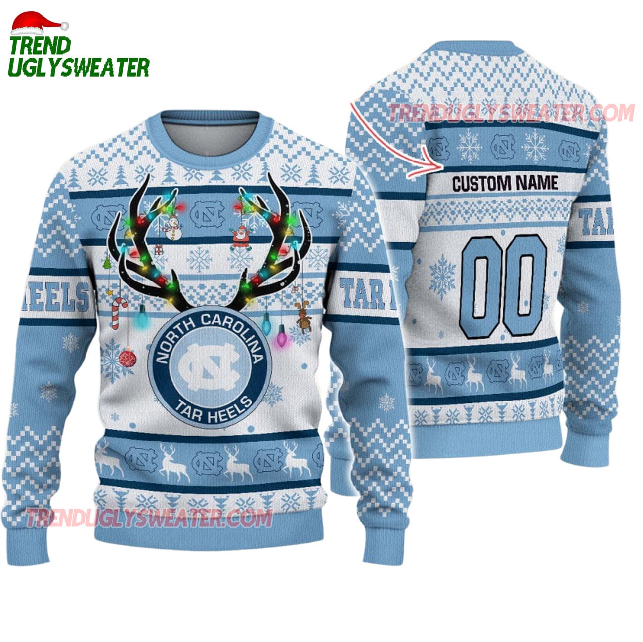 Custom North Carolina Tar Heels Special Reindeer Light Ugly Christmas Sweater Custom North Carolina Tar Heels Special Reindeer Light Ugly Christmas Sweater