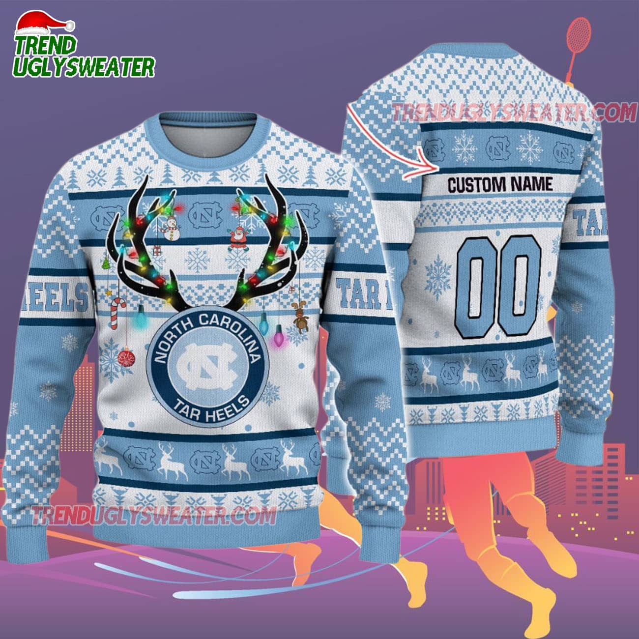 Custom North Carolina Tar Heels Special Reindeer Light Ugly Christmas Sweater Custom North Carolina Tar Heels Special Reindeer Light Ugly Christmas Sweater