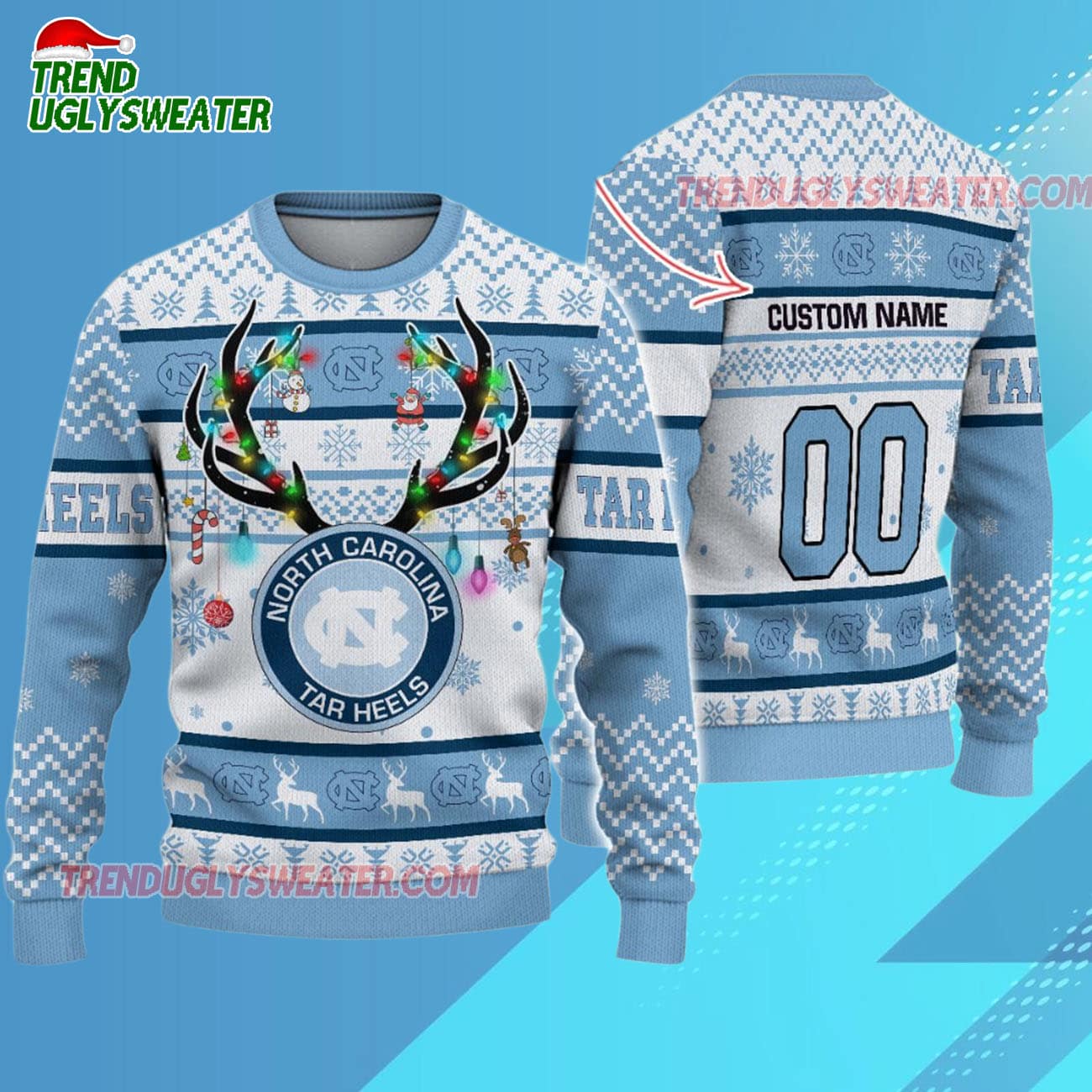 Custom North Carolina Tar Heels Special Reindeer Light Ugly Christmas Sweater Custom North Carolina Tar Heels Special Reindeer Light Ugly Christmas Sweater