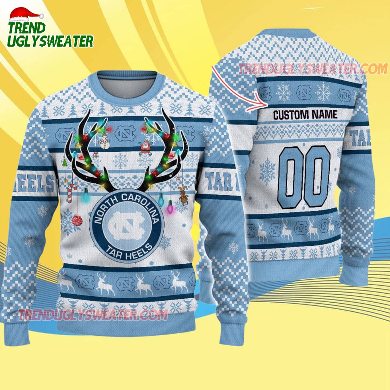 Custom North Carolina Tar Heels Special Reindeer Light Ugly Christmas Sweater Custom North Carolina Tar Heels Special Reindeer Light Ugly Christmas Sweater