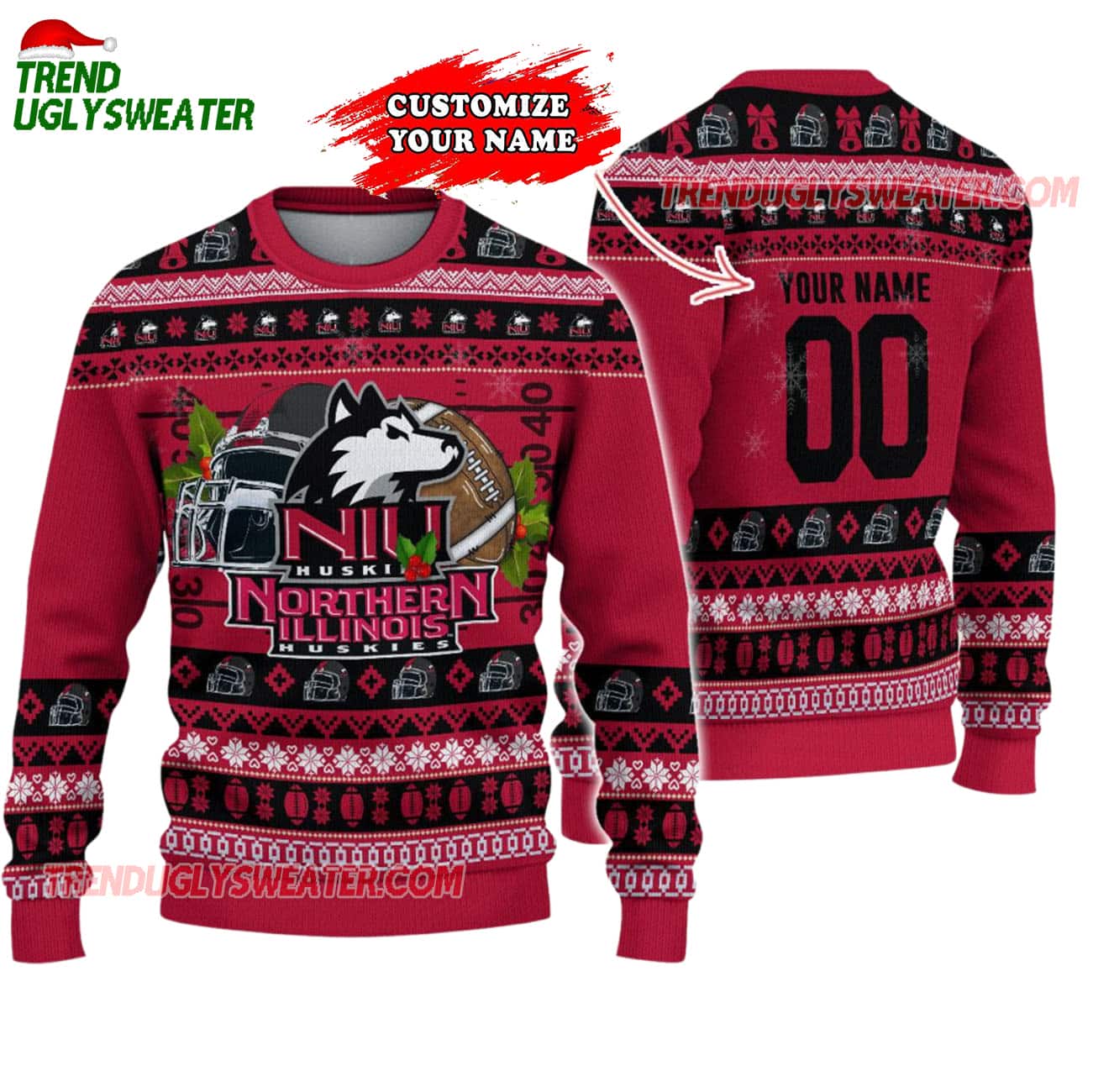Custom Northern Illinois Huskies Logo Team Football Christmas Ugly Sweater Custom Northern Illinois Huskies Logo Team Football Christmas Ugly Sweater