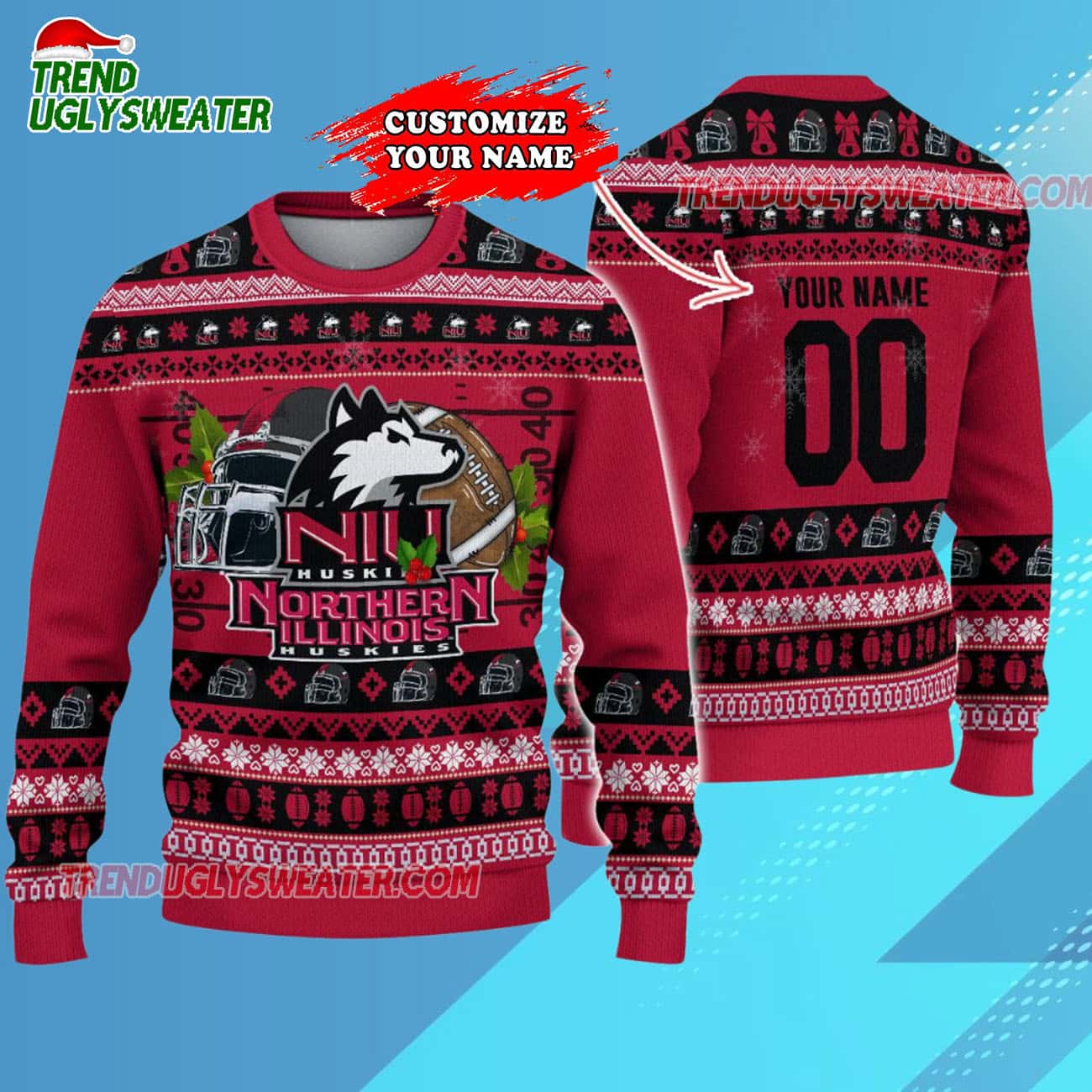 Custom Northern Illinois Huskies Logo Team Football Christmas Ugly Sweater Custom Northern Illinois Huskies Logo Team Football Christmas Ugly Sweater