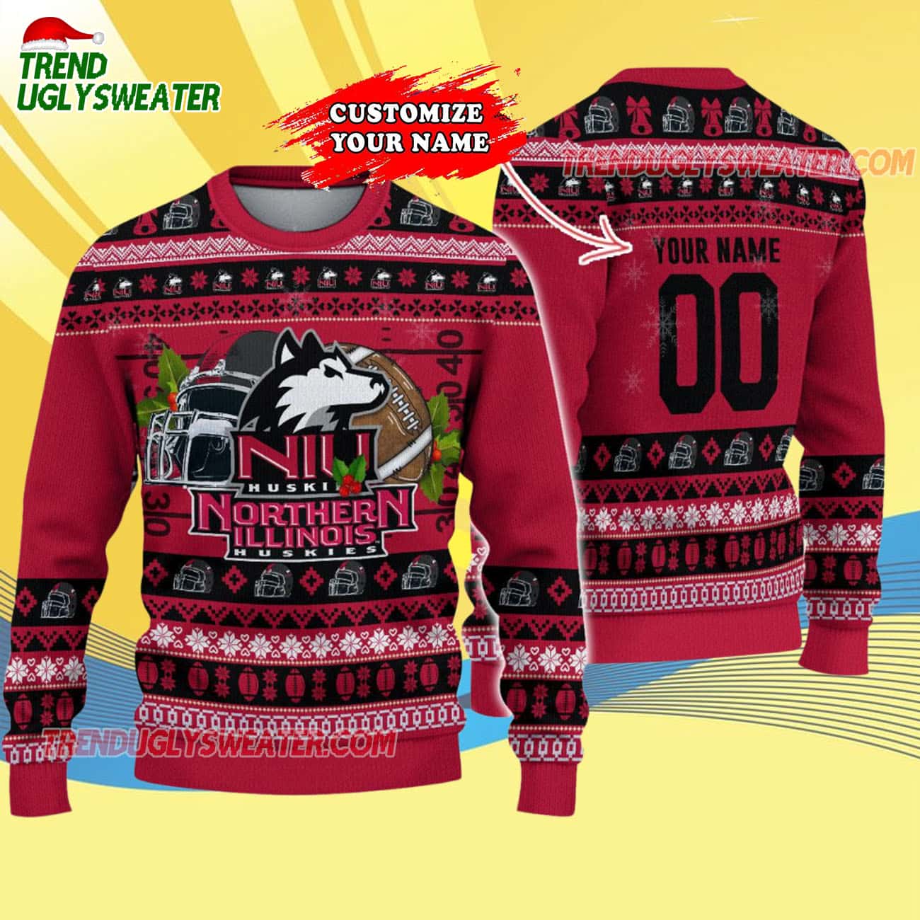 Custom Northern Illinois Huskies Logo Team Football Christmas Ugly Sweater Custom Northern Illinois Huskies Logo Team Football Christmas Ugly Sweater