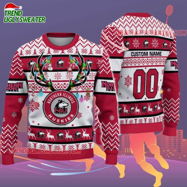 Custom Northern Illinois Huskies Special Reindeer Light Ugly Christmas Sweater 2