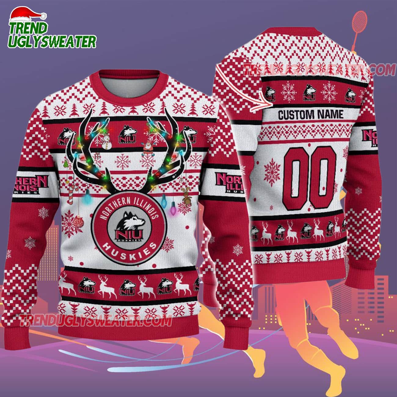 Custom Northern Illinois Huskies Special Reindeer Light Ugly Christmas Sweater Custom Northern Illinois Huskies Special Reindeer Light Ugly Christmas Sweater