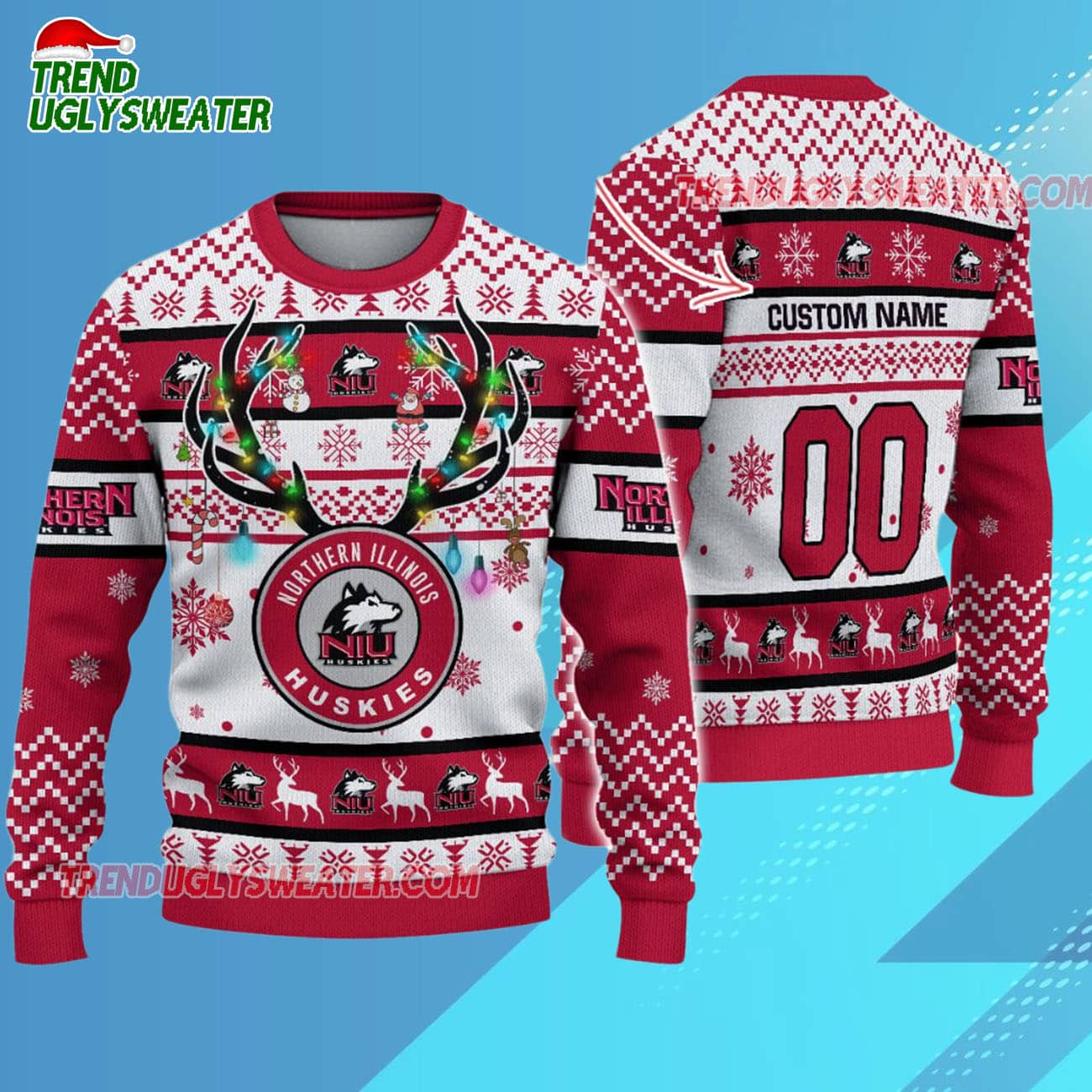 Custom Northern Illinois Huskies Special Reindeer Light Ugly Christmas Sweater Custom Northern Illinois Huskies Special Reindeer Light Ugly Christmas Sweater