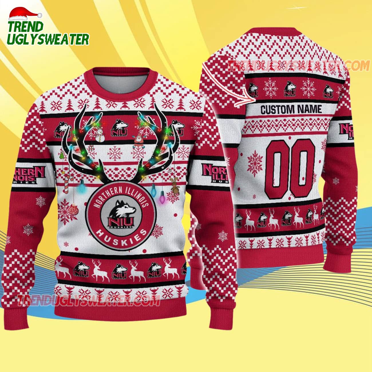 Custom Northern Illinois Huskies Special Reindeer Light Ugly Christmas Sweater Custom Northern Illinois Huskies Special Reindeer Light Ugly Christmas Sweater