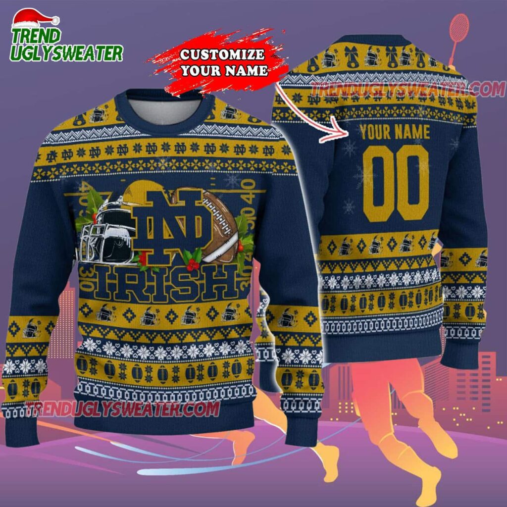 Custom Notre Dame Fighting Irish Logo Team Football Christmas Ugly Sweater 2