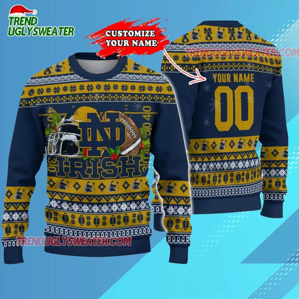 Custom Notre Dame Fighting Irish Logo Team Football Christmas Ugly Sweater 3