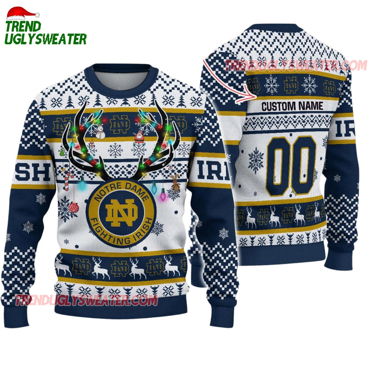 Custom Notre Dame Fighting Irish Special Reindeer Light Ugly Christmas Sweater Custom Notre Dame Fighting Irish Special Reindeer Light Ugly Christmas Sweater