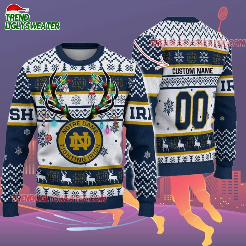 Custom Notre Dame Fighting Irish Special Reindeer Light Ugly Christmas Sweater 2