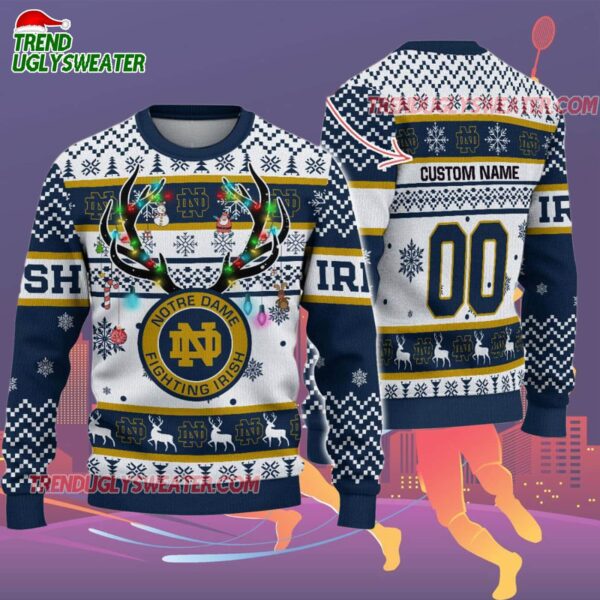 Custom Notre Dame Fighting Irish Special Reindeer Light Ugly Christmas Sweater 2
