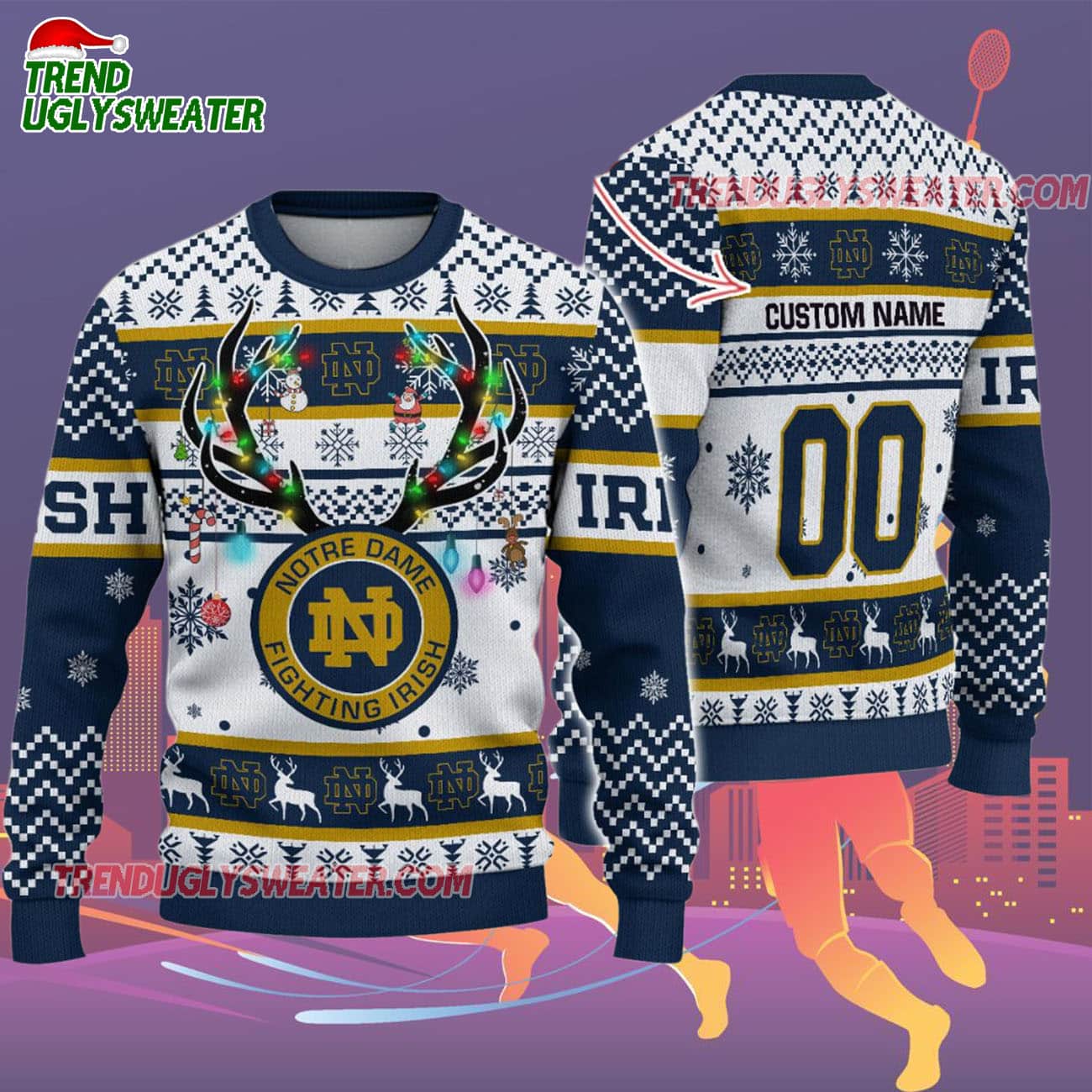 Custom Notre Dame Fighting Irish Special Reindeer Light Ugly Christmas Sweater Custom Notre Dame Fighting Irish Special Reindeer Light Ugly Christmas Sweater