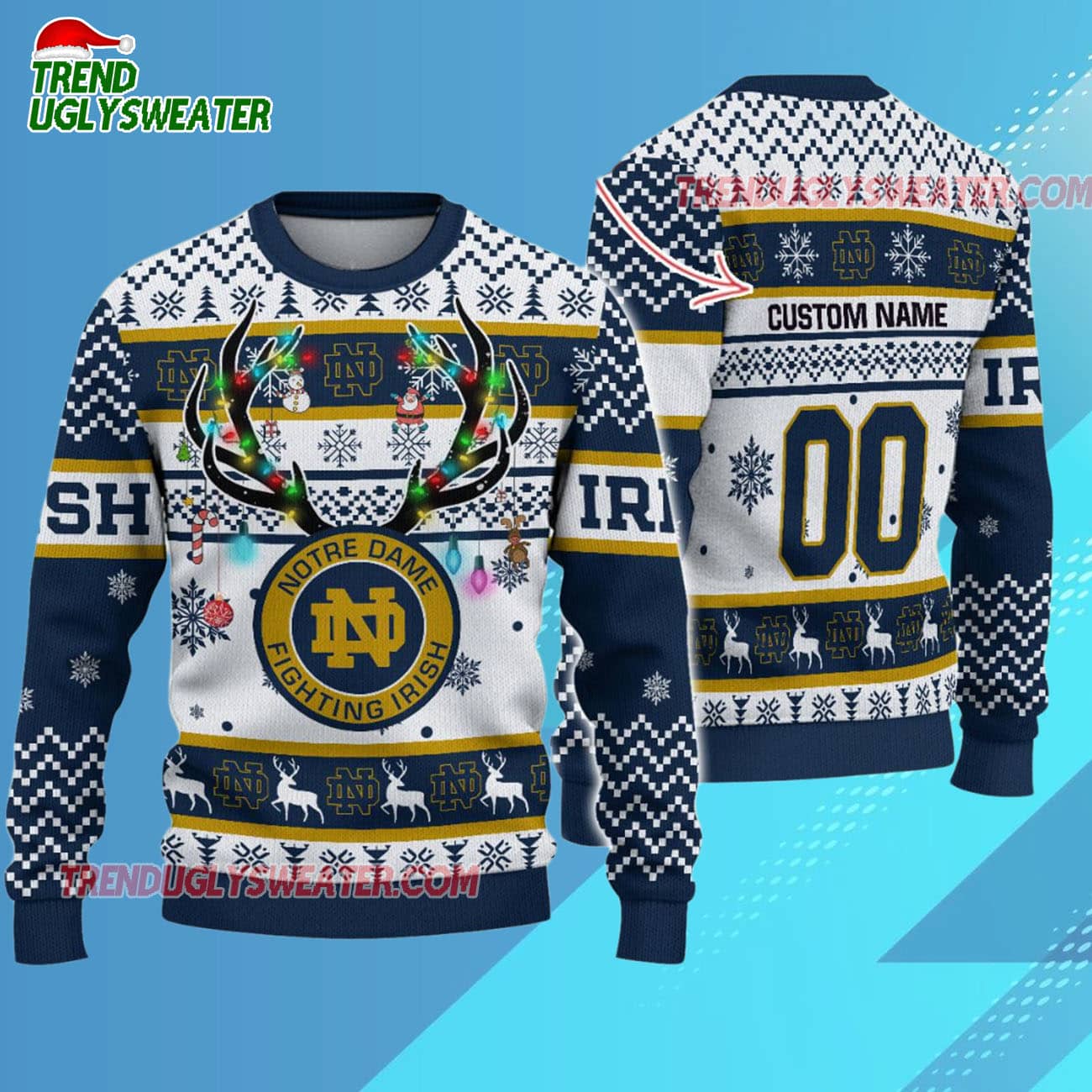 Custom Notre Dame Fighting Irish Special Reindeer Light Ugly Christmas Sweater Custom Notre Dame Fighting Irish Special Reindeer Light Ugly Christmas Sweater
