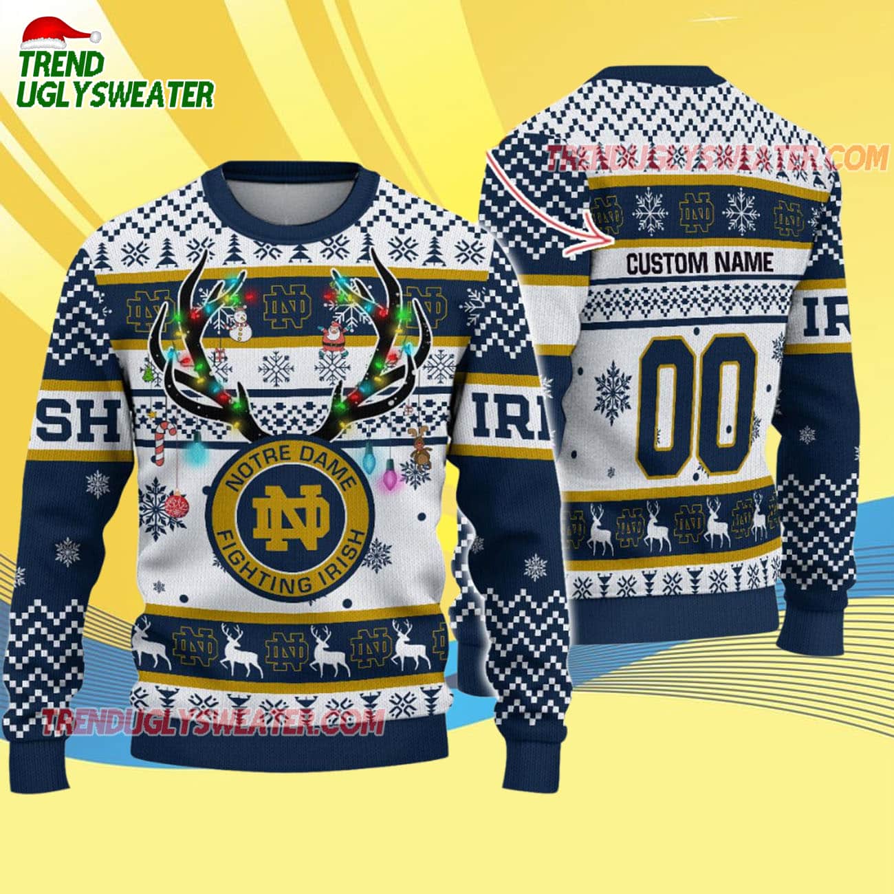Custom Notre Dame Fighting Irish Special Reindeer Light Ugly Christmas Sweater Custom Notre Dame Fighting Irish Special Reindeer Light Ugly Christmas Sweater