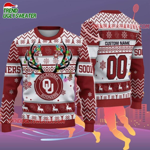 Custom Oklahoma Sooners Special Reindeer Light Ugly Christmas Sweater 2