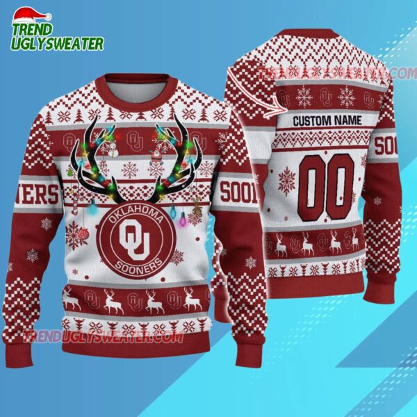 Custom Oklahoma Sooners Special Reindeer Light Ugly Christmas Sweater 3