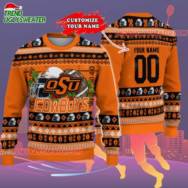 Custom Oklahoma State Cowboys Logo Team Football Christmas Ugly Sweater 2