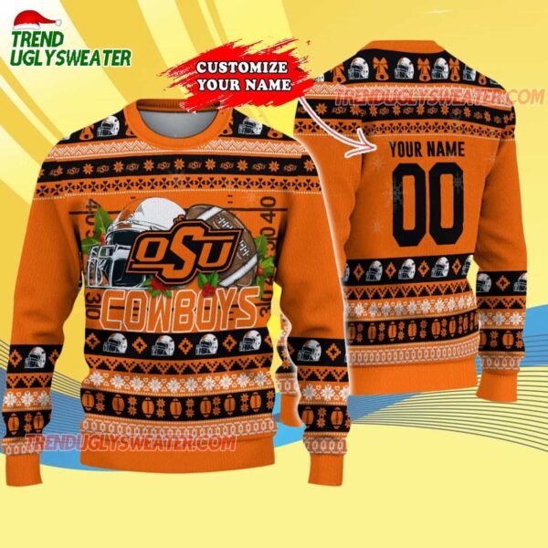 Custom Oklahoma State Cowboys Logo Team Football Christmas Ugly Sweater 4