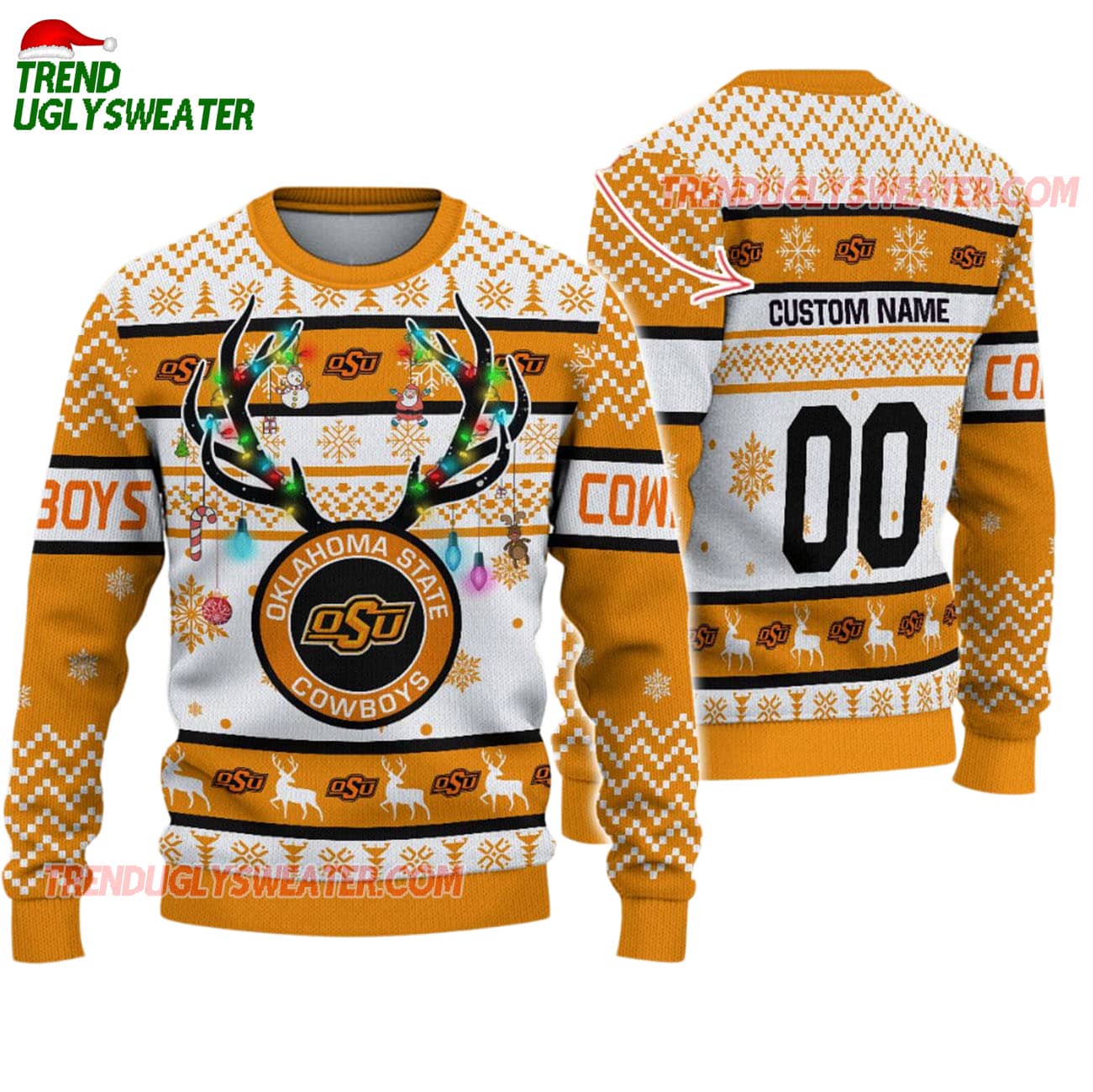 Custom Oklahoma State Cowboys Special Reindeer Light Ugly Christmas Sweater Custom Oklahoma State Cowboys Special Reindeer Light Ugly Christmas Sweater
