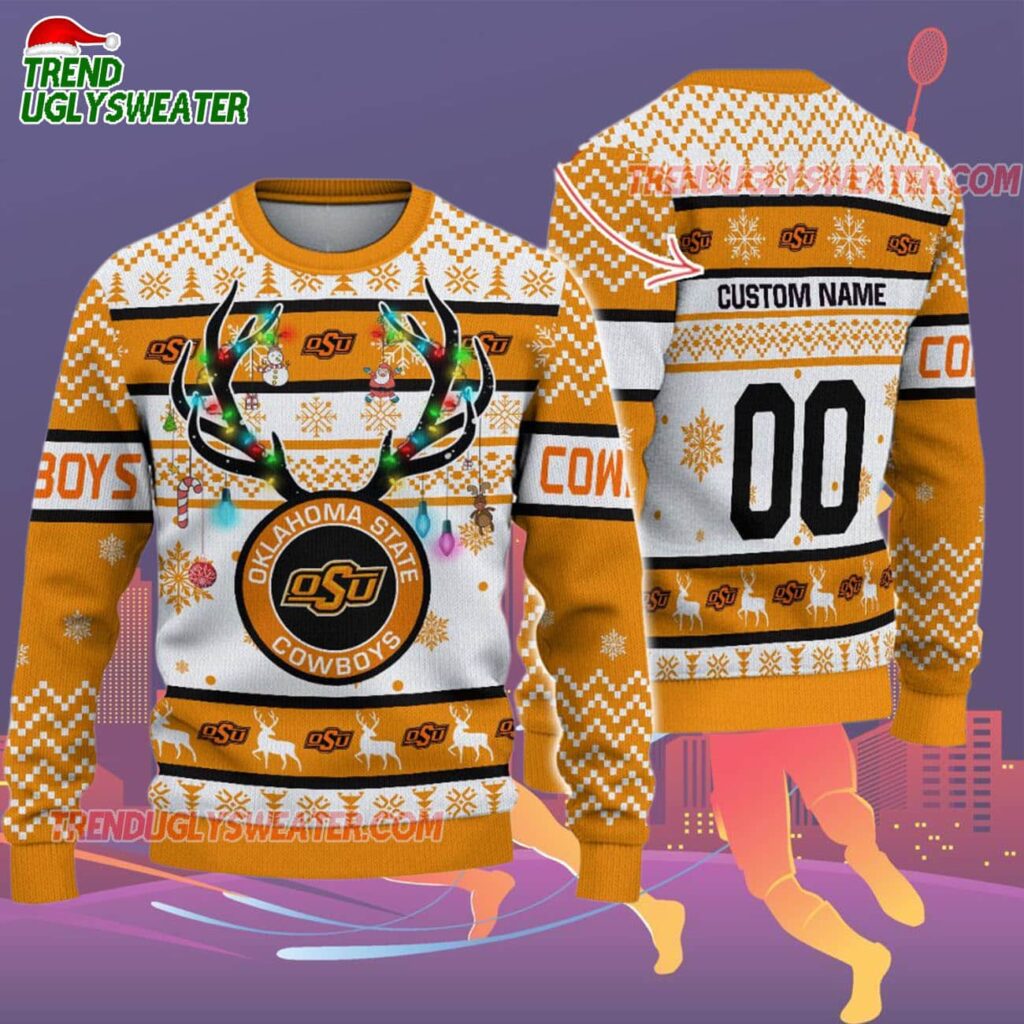 Custom Oklahoma State Cowboys Special Reindeer Light Ugly Christmas Sweater 2