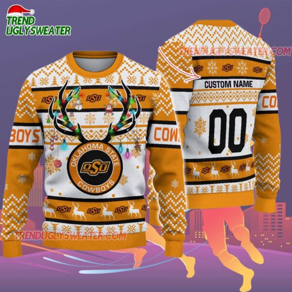 Custom Oklahoma State Cowboys Special Reindeer Light Ugly Christmas Sweater 2