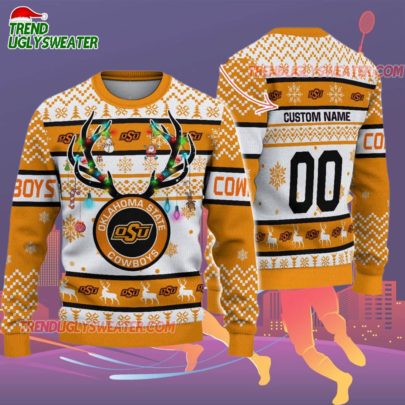 Custom Oklahoma State Cowboys Special Reindeer Light Ugly Christmas Sweater Custom Oklahoma State Cowboys Special Reindeer Light Ugly Christmas Sweater
