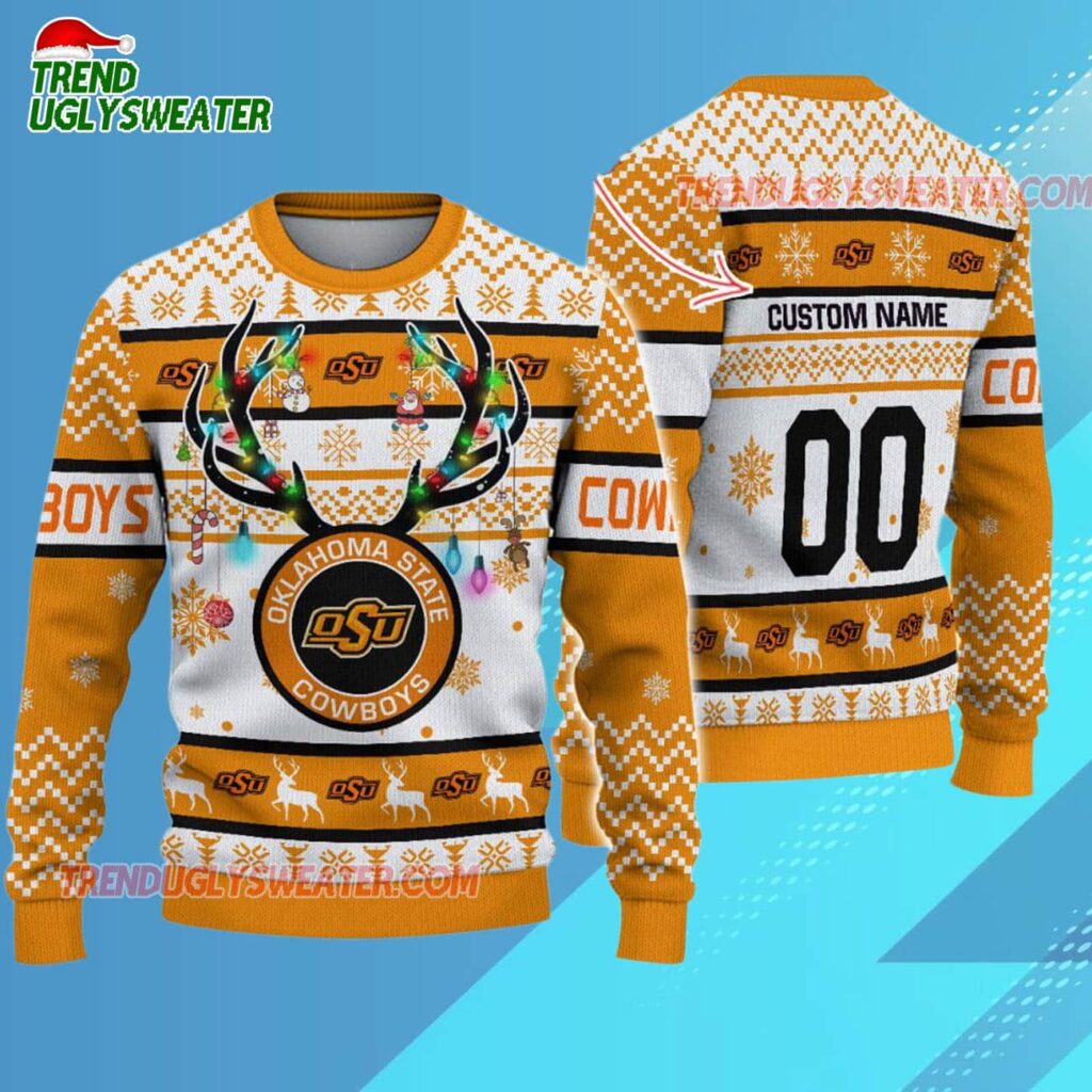 Custom Oklahoma State Cowboys Special Reindeer Light Ugly Christmas Sweater 3