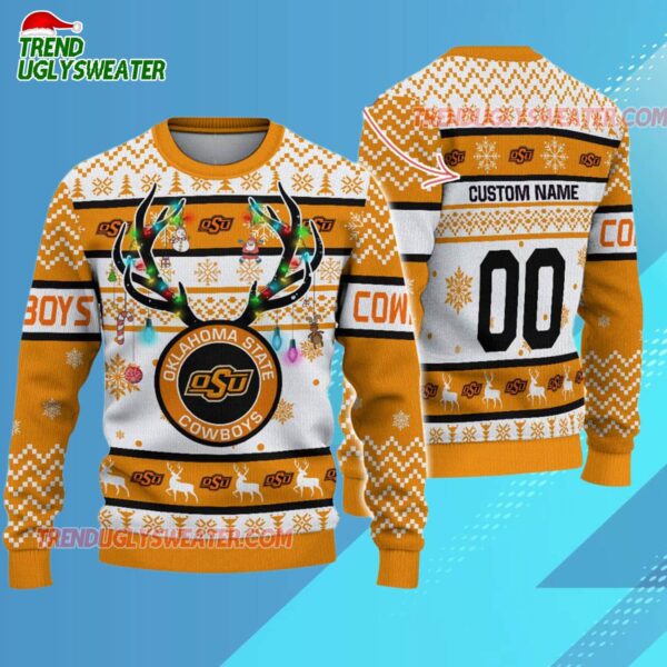 Custom Oklahoma State Cowboys Special Reindeer Light Ugly Christmas Sweater 3