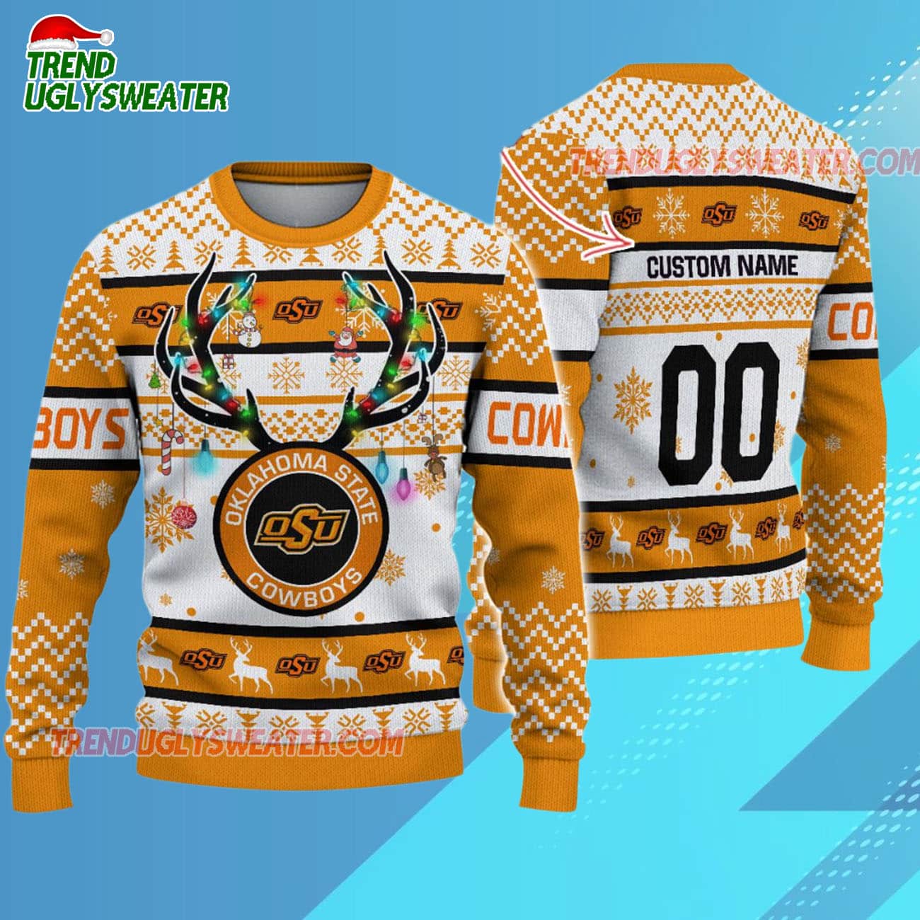 Custom Oklahoma State Cowboys Special Reindeer Light Ugly Christmas Sweater Custom Oklahoma State Cowboys Special Reindeer Light Ugly Christmas Sweater