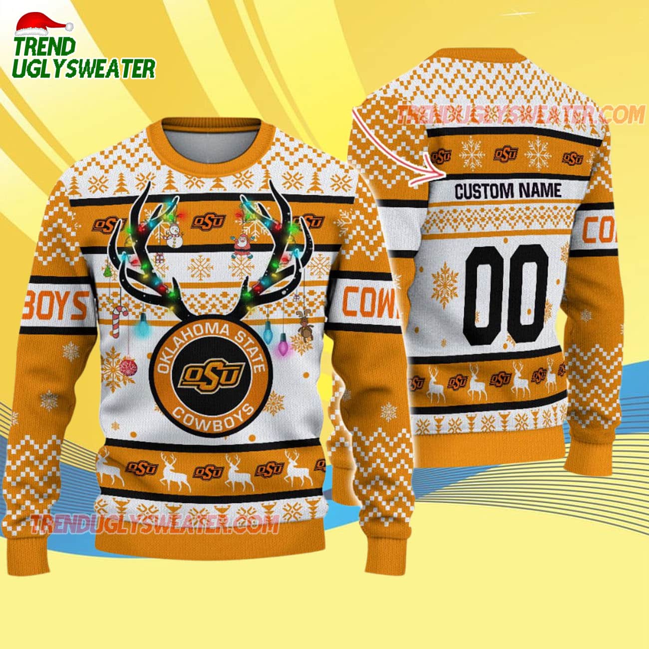 Custom Oklahoma State Cowboys Special Reindeer Light Ugly Christmas Sweater Custom Oklahoma State Cowboys Special Reindeer Light Ugly Christmas Sweater