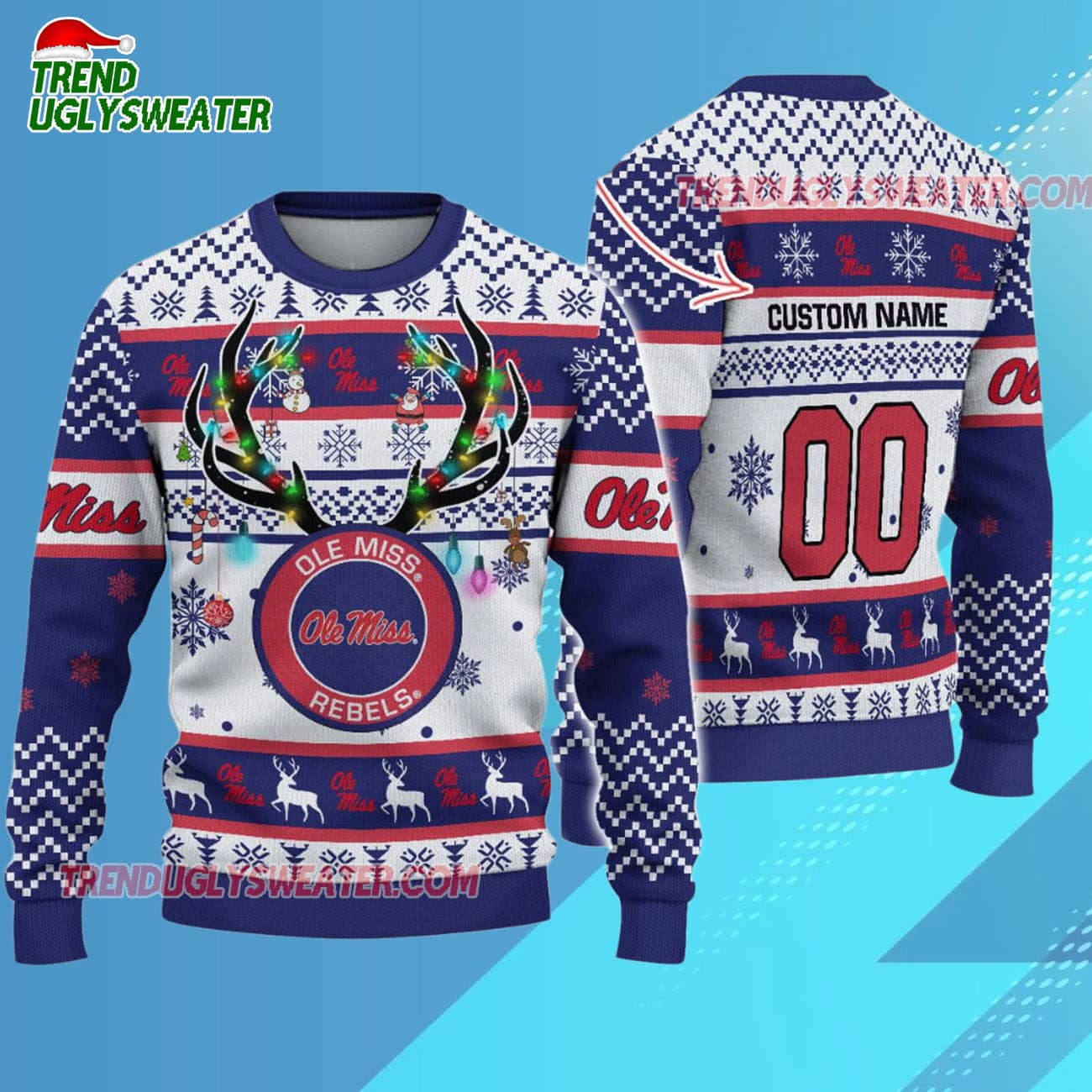 Custom Ole Miss Rebels Special Reindeer Light Ugly Christmas Sweater Custom Ole Miss Rebels Special Reindeer Light Ugly Christmas Sweater