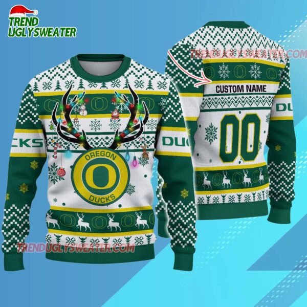 Custom Oregon Ducks Special Reindeer Light Ugly Christmas Sweater 3