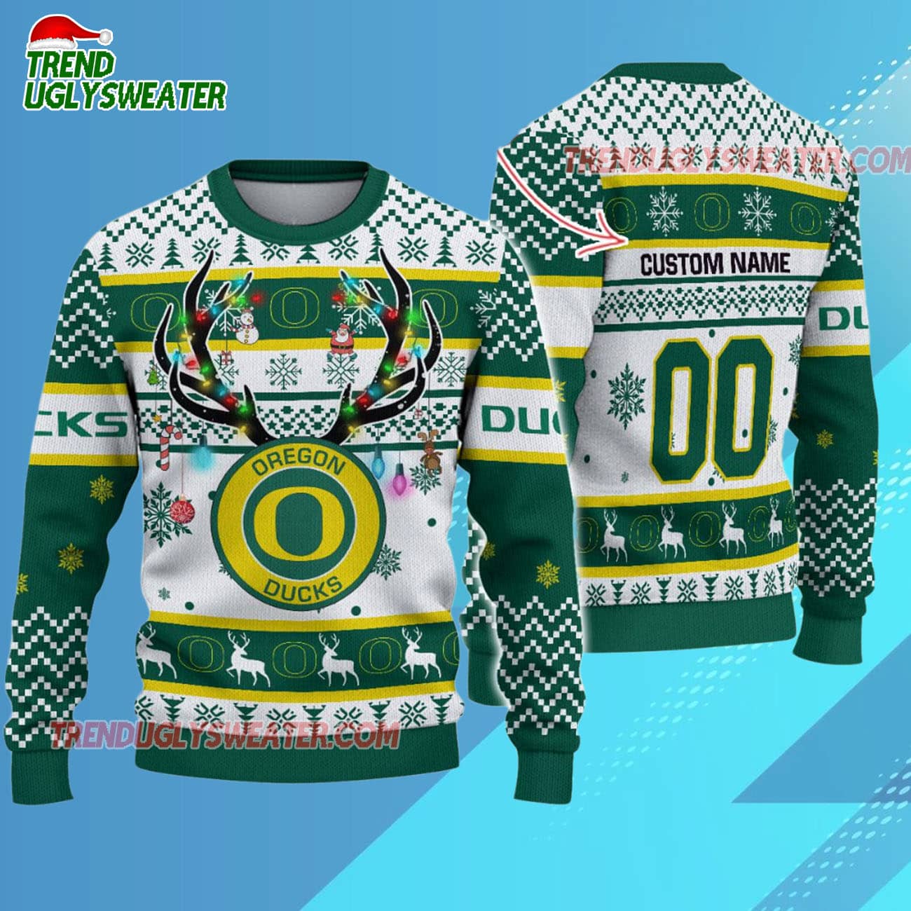 Custom Oregon Ducks Special Reindeer Light Ugly Christmas Sweater Custom Oregon Ducks Special Reindeer Light Ugly Christmas Sweater