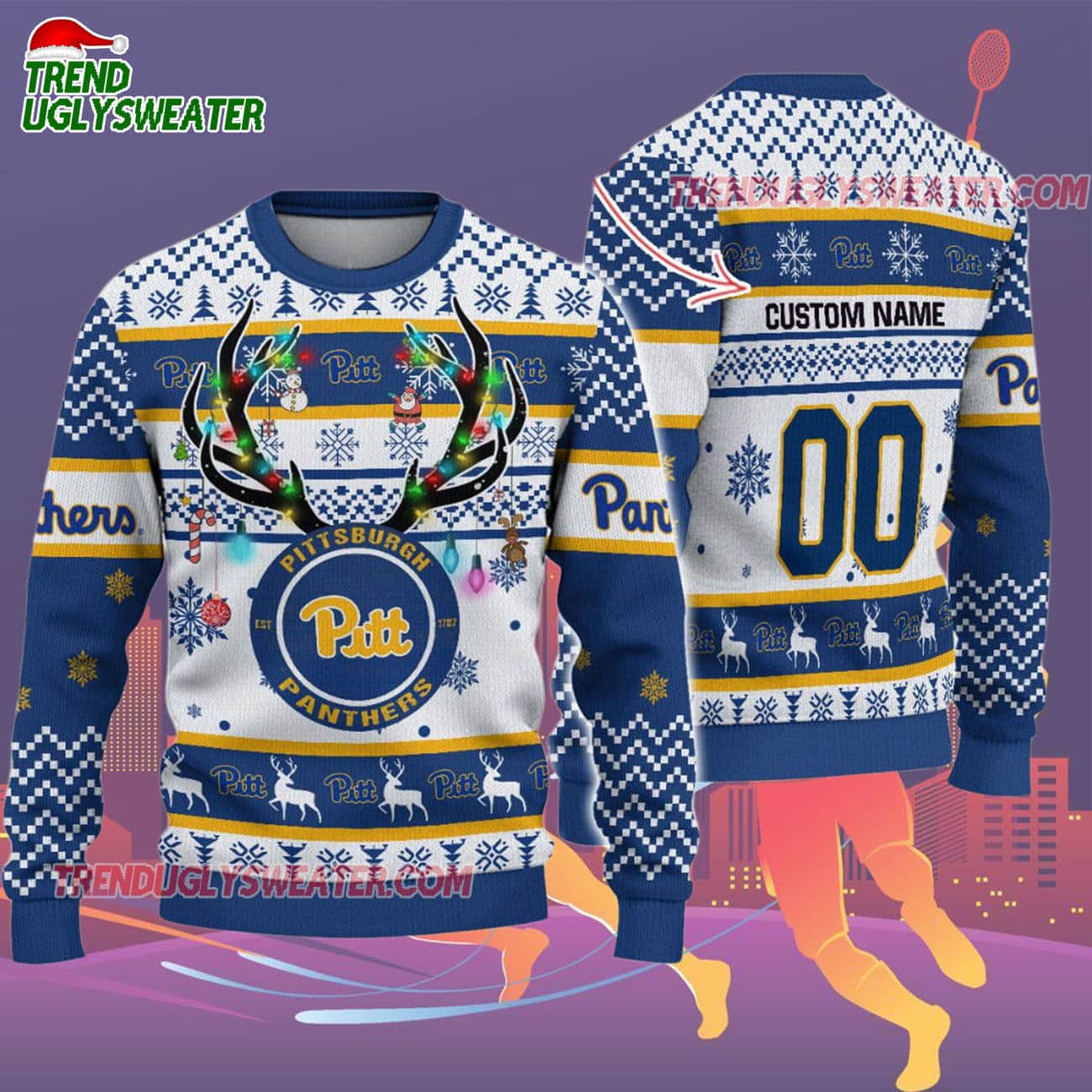 Custom Pittsburgh Panthers Special Reindeer Light Ugly Christmas Sweater Custom Pittsburgh Panthers Special Reindeer Light Ugly Christmas Sweater