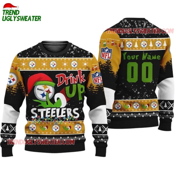 Custom Pittsburgh Steelers Drink Up The Grinch Christmas Ugly Sweater 1